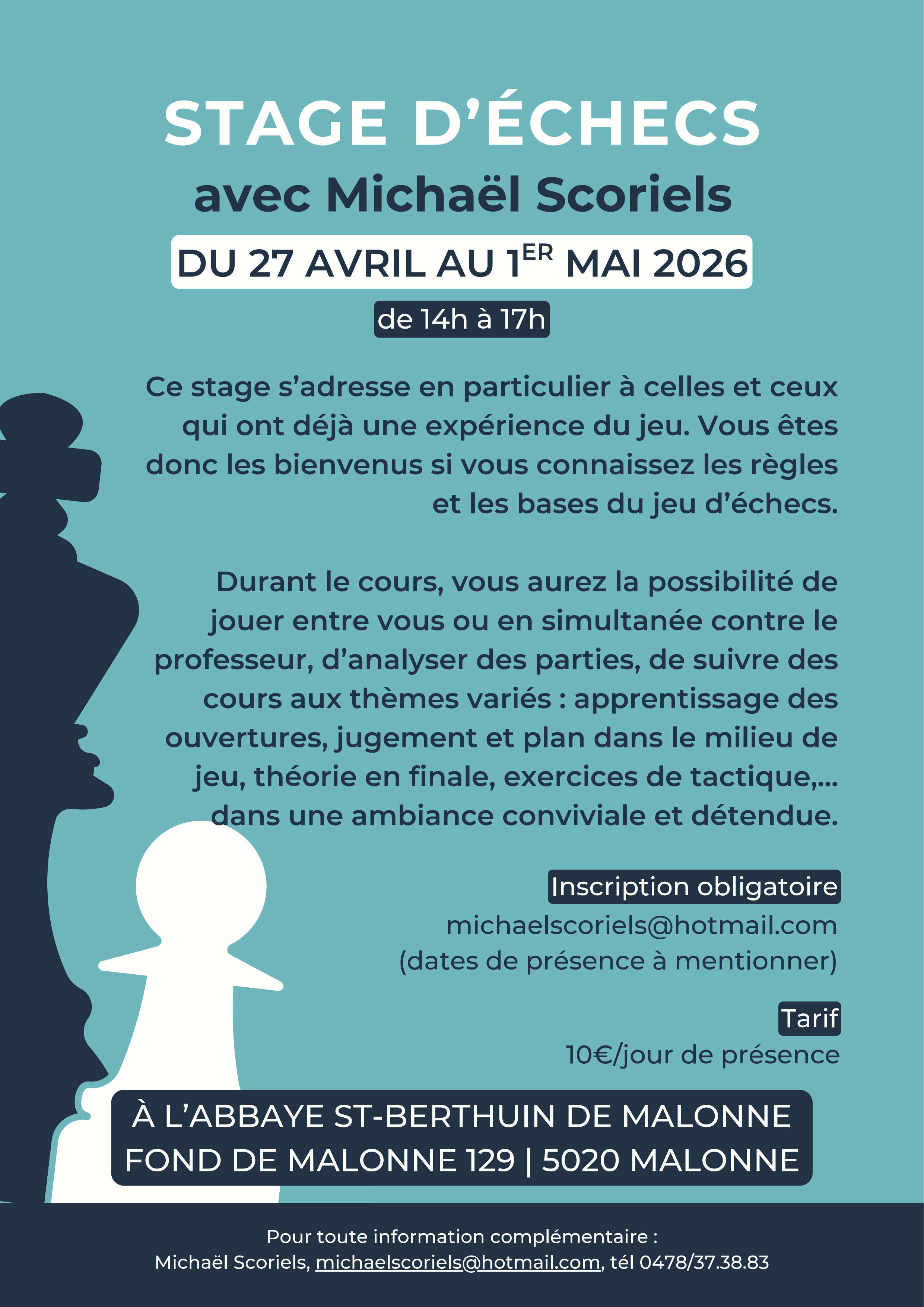 Stage avec Michaël Scoriels, du 27 avril au 1er mai, de 14h à 17h